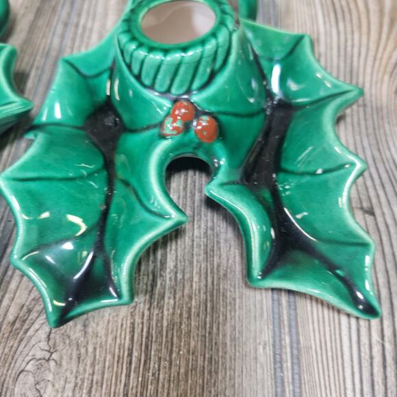 Vintage Holly Candle Holder, Ceramic Holland Mold, Christmas Candlestick - Picture 2 of 5